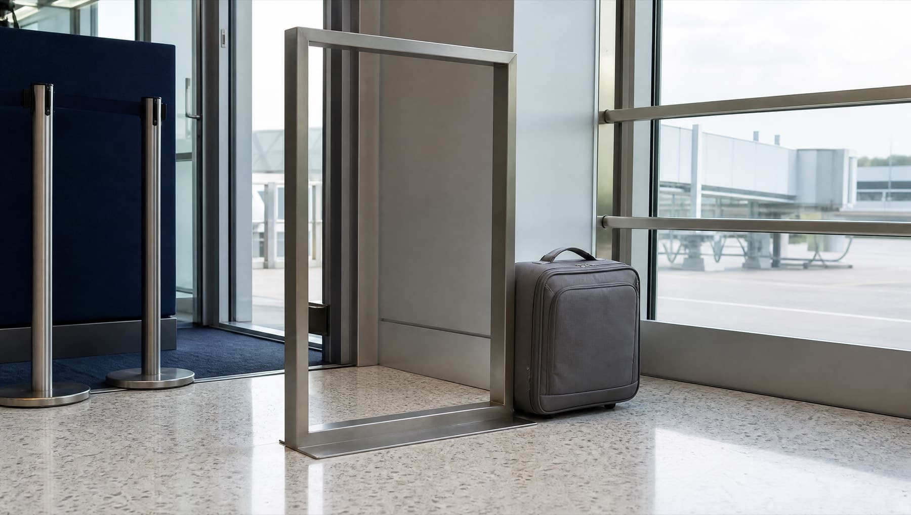 A plain metal bag-sizing frame beside a soft cabin bag in a quiet departure area